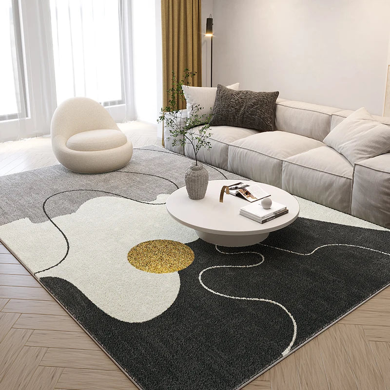 Modern living room with a decorative rug featuring an abstract design.