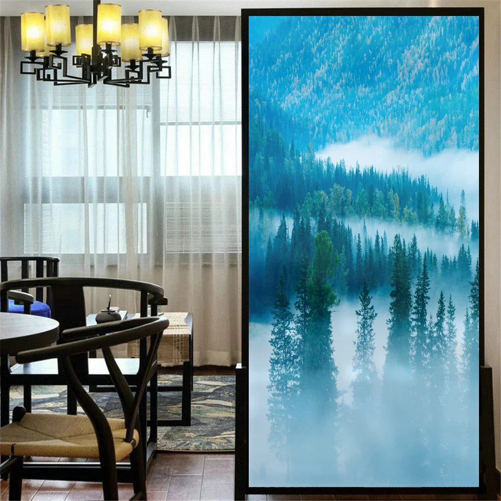 Nordic Misty Forest Privacy Window Film For Bathroom Kitchen Foyer Office Removable Frosted Film For Glass Semi Transparent Peel and Stick Static Cling Technology