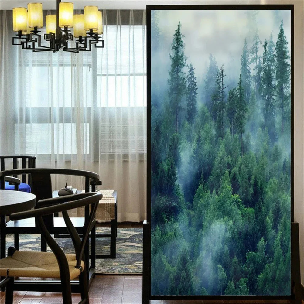 Nordic Misty Forest Privacy Window Film For Bathroom Kitchen Foyer Office Removable Frosted Film For Glass Semi Transparent Peel and Stick Static Cling Technology