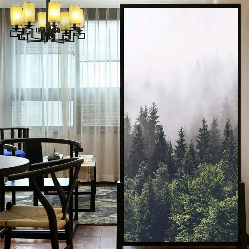 Nordic Misty Forest Privacy Window Film For Bathroom Kitchen Foyer Office Removable Frosted Film For Glass Semi Transparent Peel and Stick Static Cling Technology