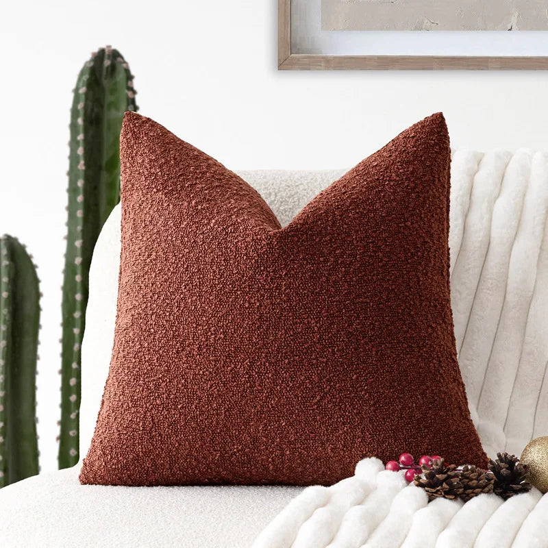 Brown textured pillow on a white couch with a cactus in the background