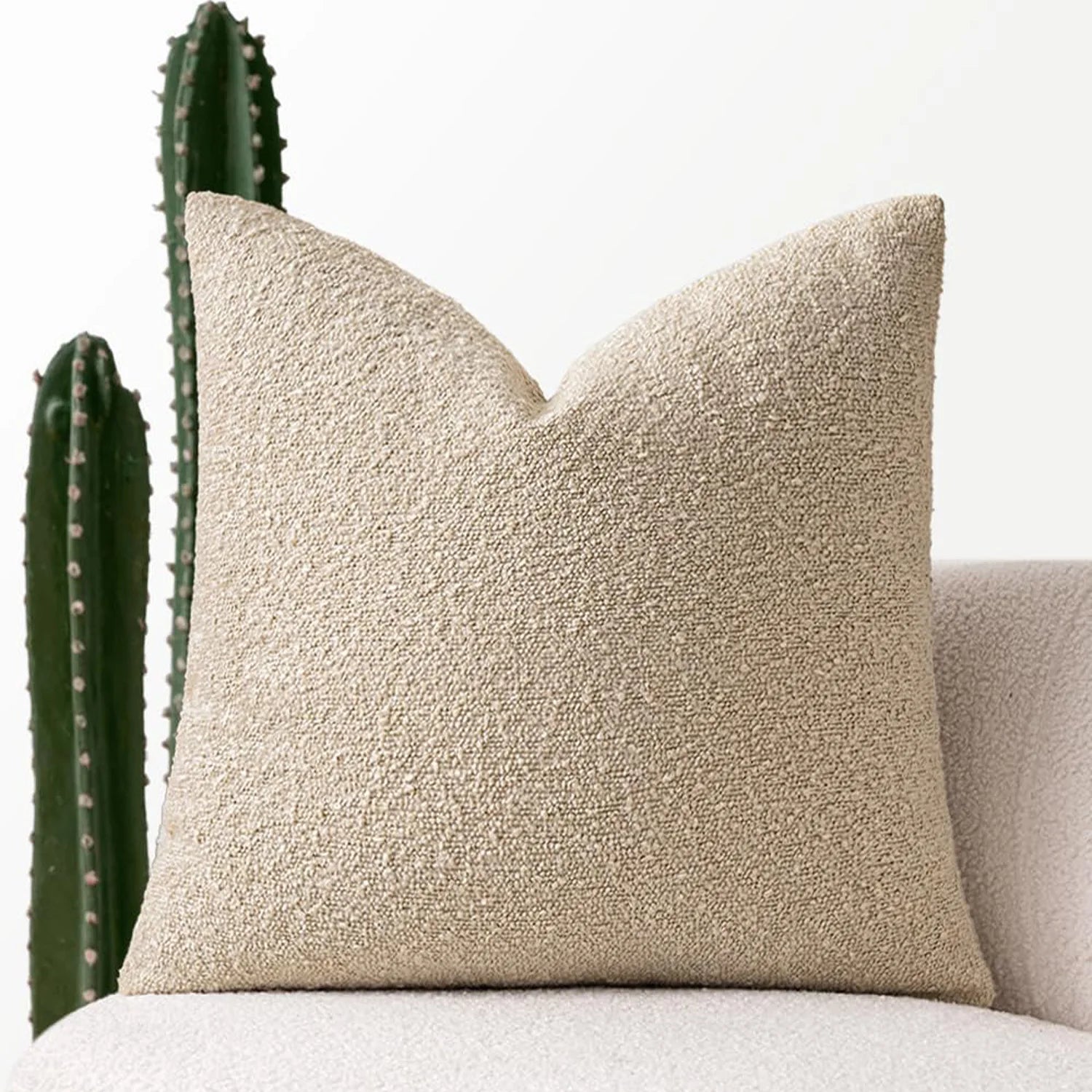 Textured beige pillow on a light gray sofa with a cactus plant in the background