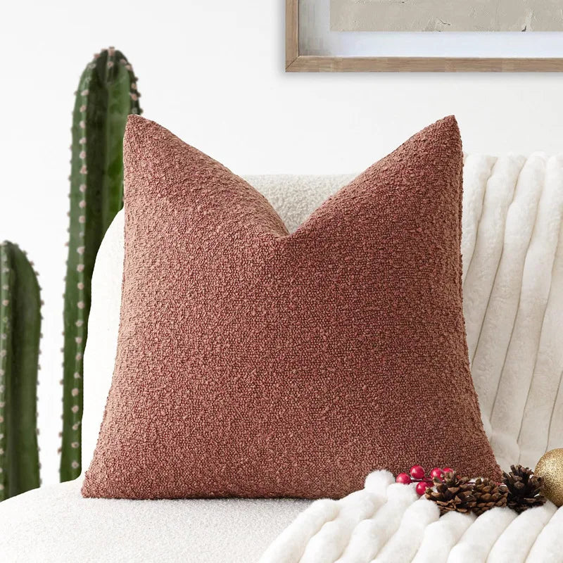 Textured brown pillow on a white couch with decorative elements and a cactus in the background.