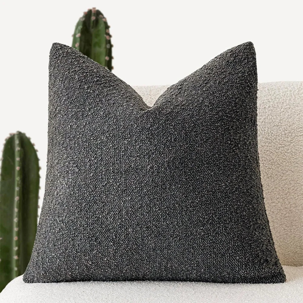 Textured black pillow on a light-colored sofa with a cactus in the background
