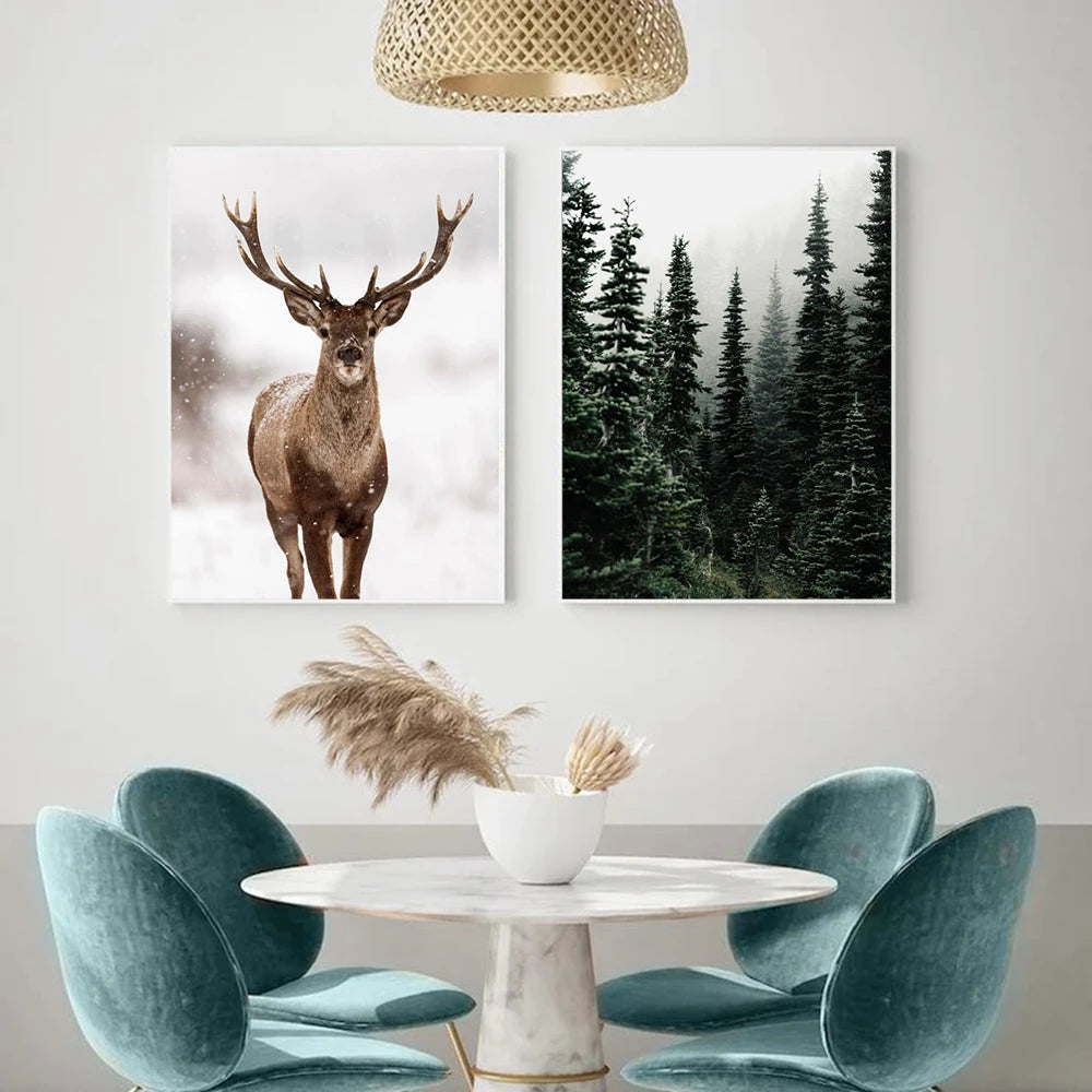 Nordic Winter Forest Deer Landscape Wall Art Fine Art Canvas Prints Gallery Wall Pictures For Living Room Dining Room Art For Scandinavian Home Decor