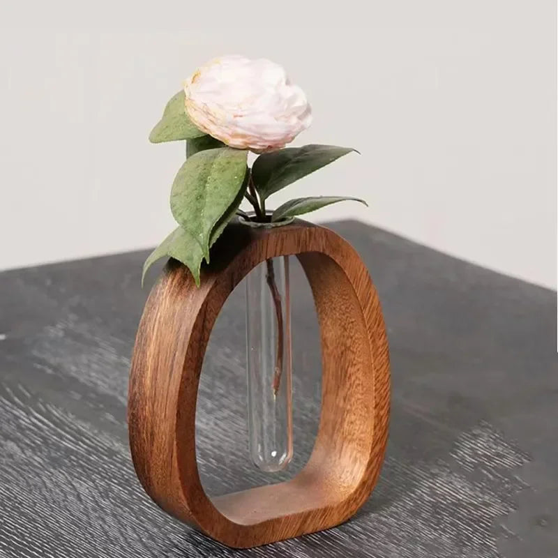 Nordic Wooden Frame Vase With Clear Glass Tube For Minimalist Floral Arrangements Modern Scandinavian Home Decor