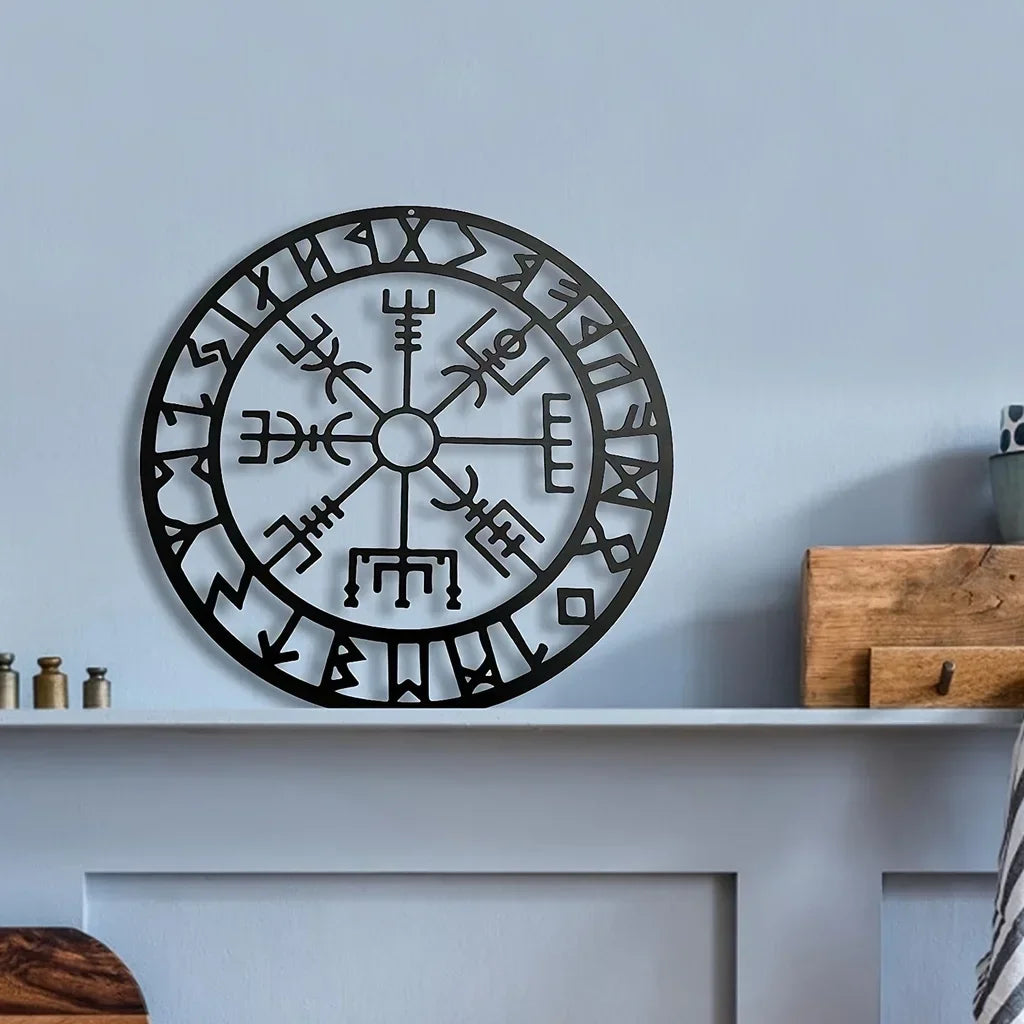 Norse Viking Runes Compass Black Metal Wall Art 3d Iron Craft Wall Mounted Nordic Plaque For Living Room Dining Room Creative Home Decor