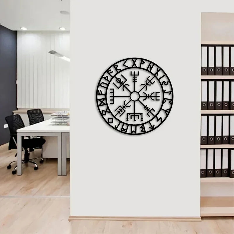 Norse Viking Runes Compass Black Metal Wall Art 3d Iron Craft Wall Mounted Nordic Plaque For Living Room Dining Room Creative Home Decor