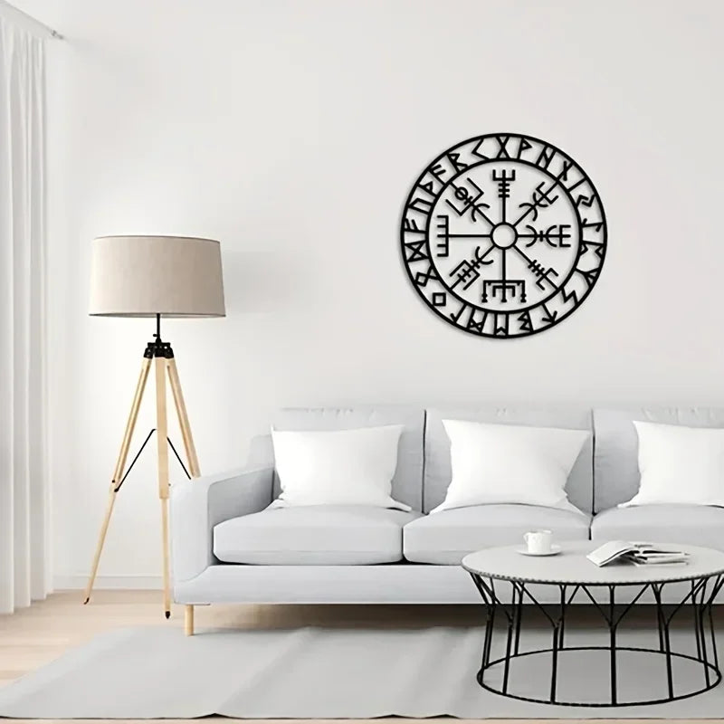 Norse Viking Runes Compass Black Metal Wall Art 3d Iron Craft Wall Mounted Nordic Plaque For Living Room Dining Room Creative Home Decor