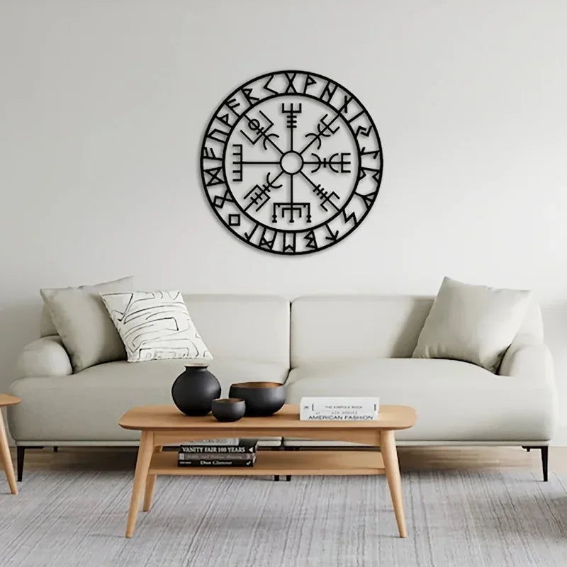 Norse Viking Runes Compass Black Metal Wall Art 3d Iron Craft Wall Mounted Nordic Plaque For Living Room Dining Room Creative Home Decor