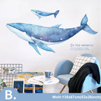 Wall decal of two whales in a living room setting with a chair and coffee table.