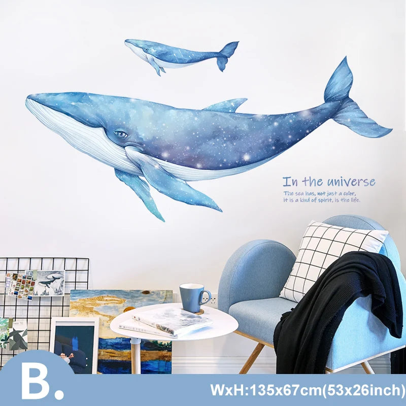 Wall decal of two whales in a living room setting with a chair and coffee table.