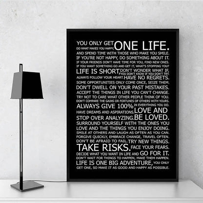 One Life Motivational Quote Poster Black and White Wall Art Fine Art Canvas Prints Inspirational Wall Decor For Office Living Room Bedroom Posters