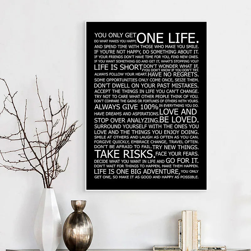 One Life Inspirational Motivational Quotes Poster Black White Wall Art Fine Art Canvas Prints Daily Mantra Picture For Living Bedroom Study Room Home Office Art Decor