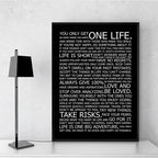One Life Inspirational Motivational Quotes Poster Black White Wall Art Fine Art Canvas Prints Daily Mantra Picture For Living Bedroom Study Room Home Office Art Decor