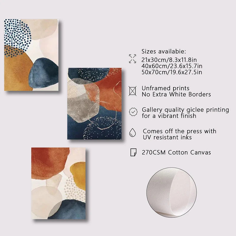Unframed abstract art prints with size and material information on a light gray background