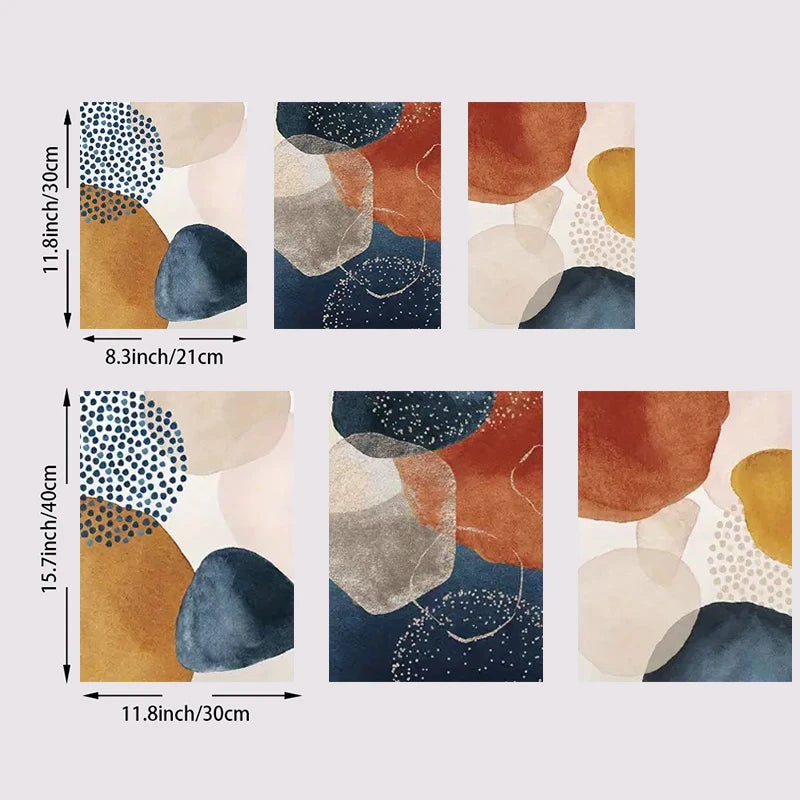 Set of abstract wall art panels with dimensions displayed