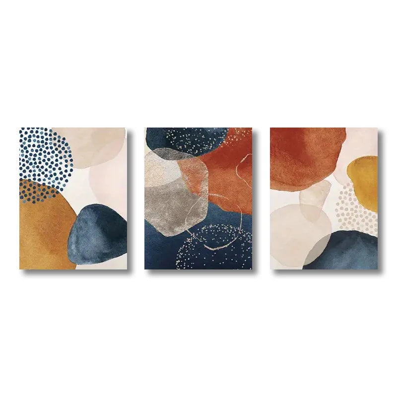 Set of three abstract art prints with geometric shapes on a white background