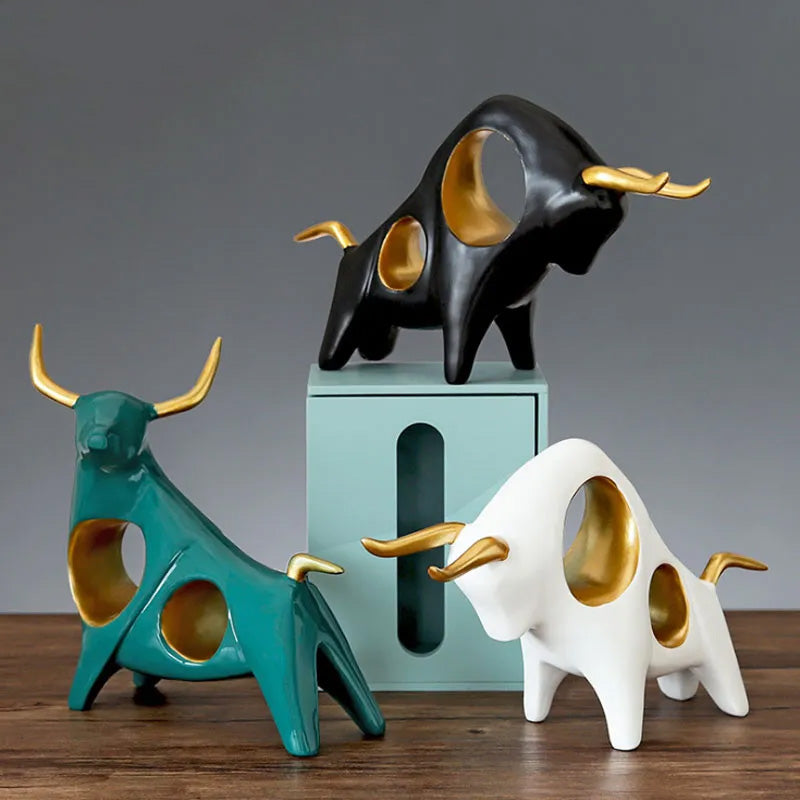 Ornamental Abstract Horned Bull Sculptured Cattle Gold White Jade Handicraft Sculpture Ornaments For Coffee Table Nordic Home Decor