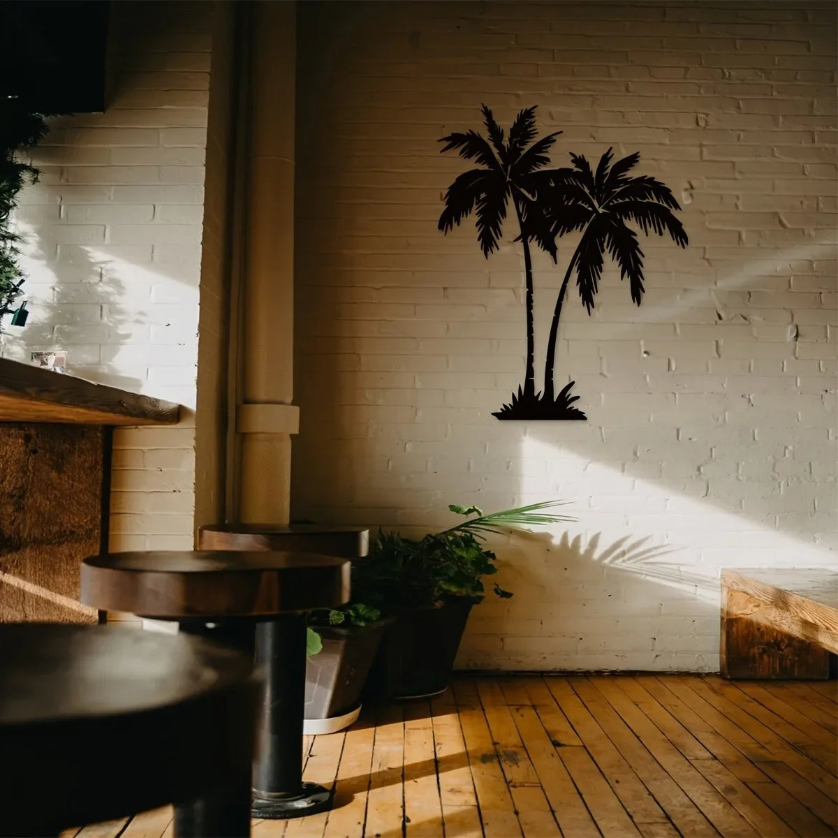 Pair Of Tropical Palm Trees Silhouette Black Metal Wall Art 3d Iron Craft Wall Decoration For Living Room Dining Room Creative Home Decor