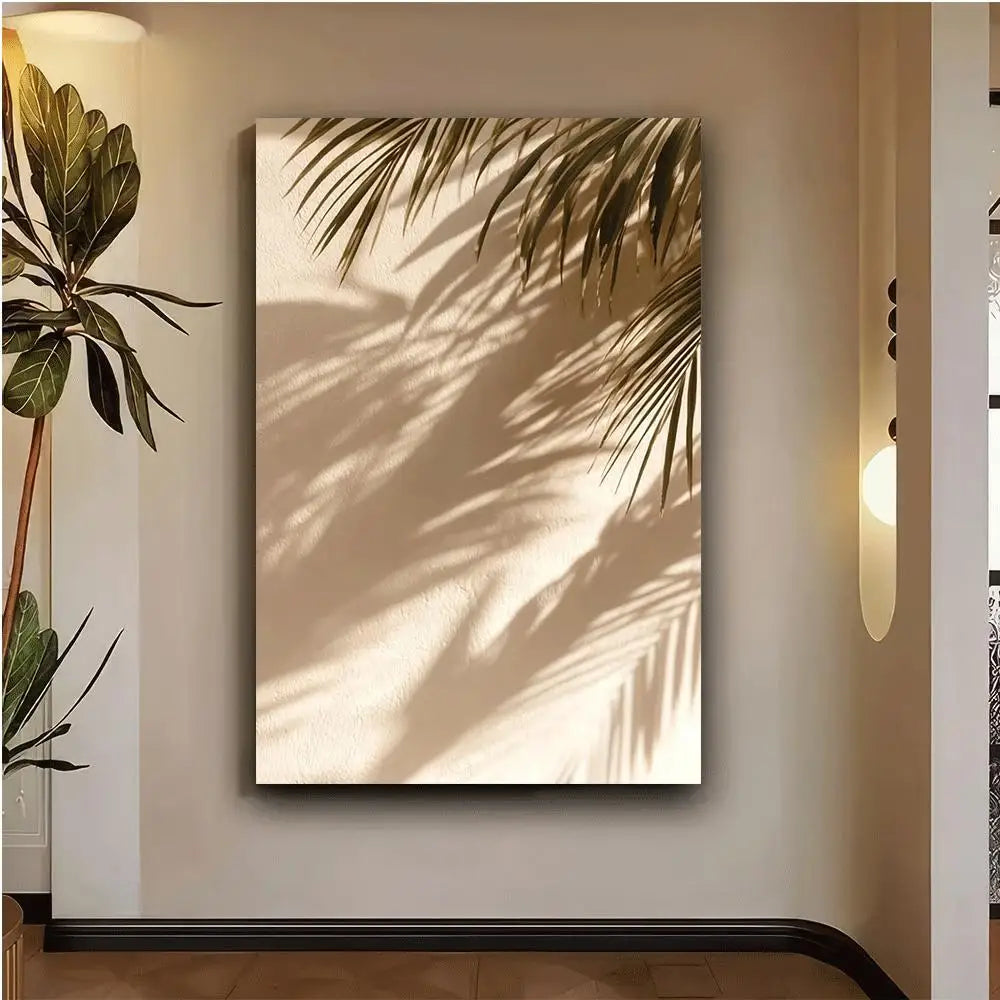Palm Leaf Shadows Minimalist Neutral Tones Wall Art Fine Art Canvas Print Subtle Botanical Picture For Entryway Foyer Modern Home Decor