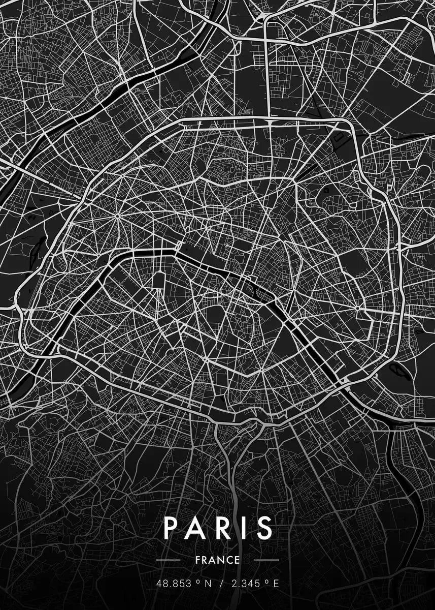 Black and white map of Paris, France on a dark background
