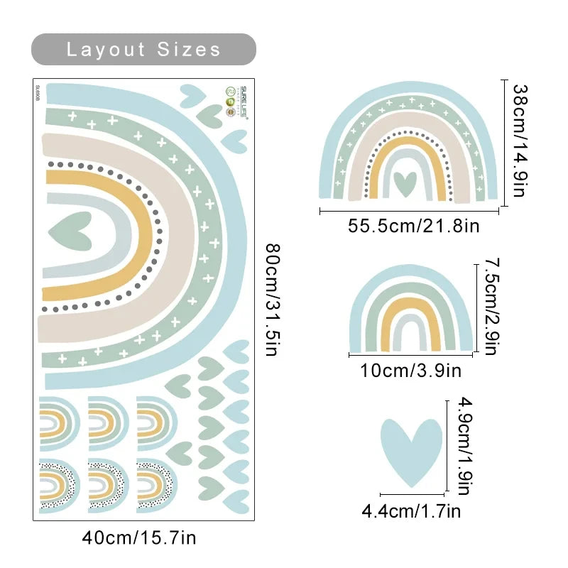 Measurement chart of rainbow and heart-shaped wall stickers with dimensions.