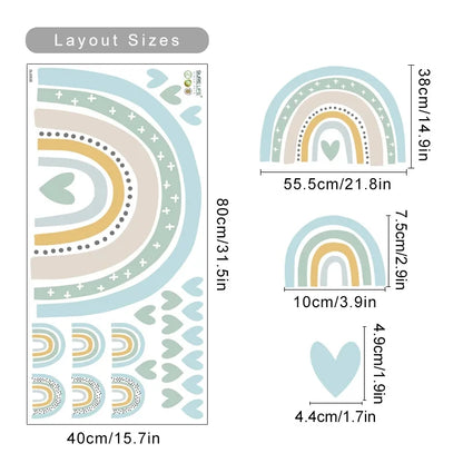Measurement chart of rainbow and heart-shaped wall stickers with dimensions.