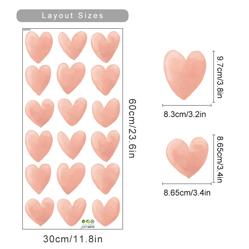 Heart-shaped stickers with layout sizes and dimensions on a white background