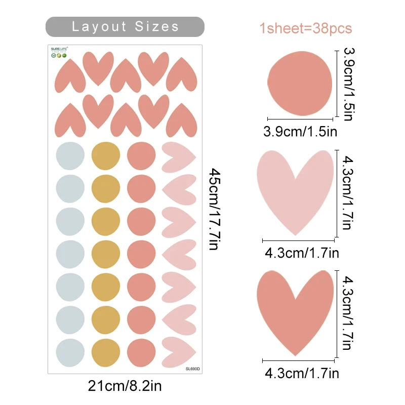 Heart-shaped stickers with layout sizes and dimensions on a white background