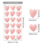 Sheet of pink heart-shaped stickers with layout sizes displayed