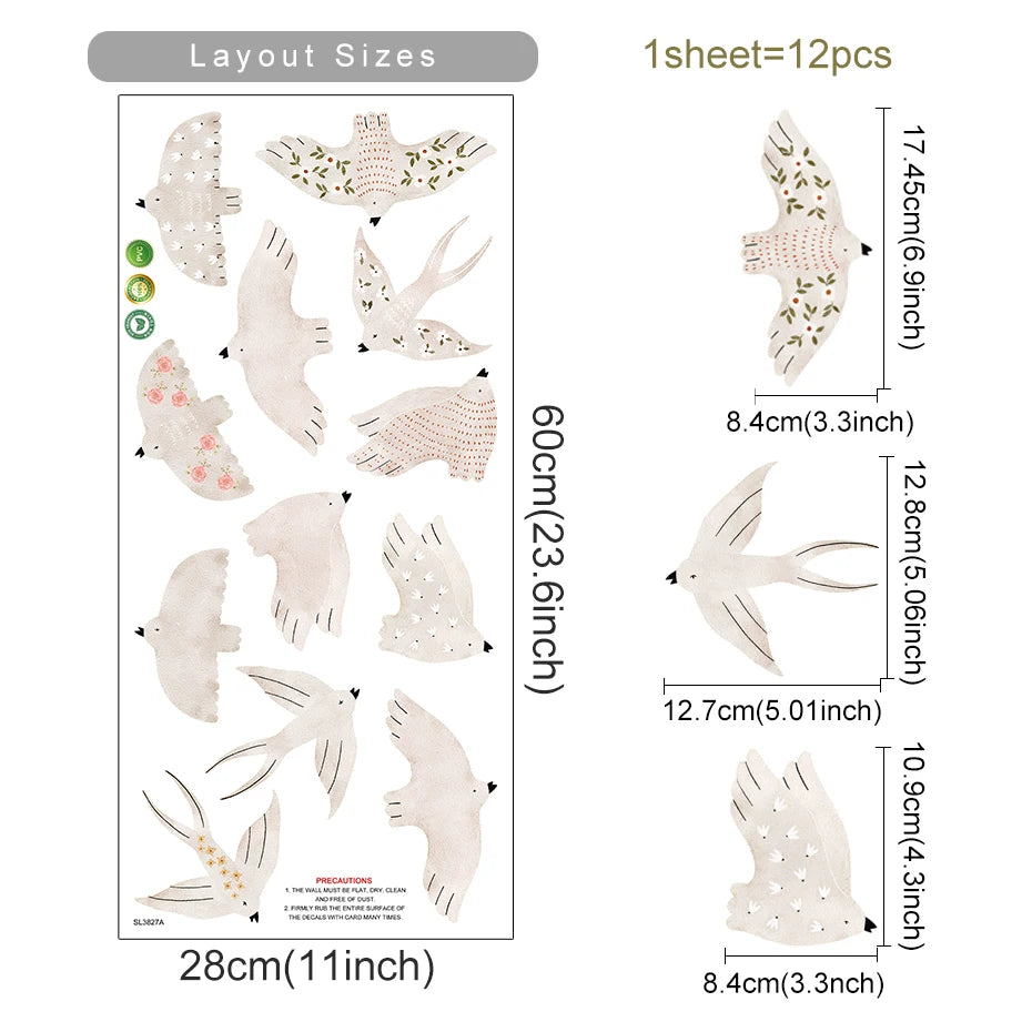 Sheet of bird-shaped stickers with layout sizes and dimensions on a white background
