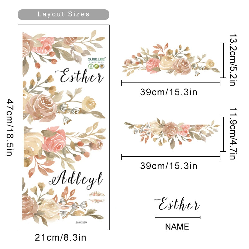 Personalized Floral Name Wreath Wall Decal For Nursery Room Removable Peel & Stick Vinyl Wall Stick For Kid's Room Creative DIY Home Decor