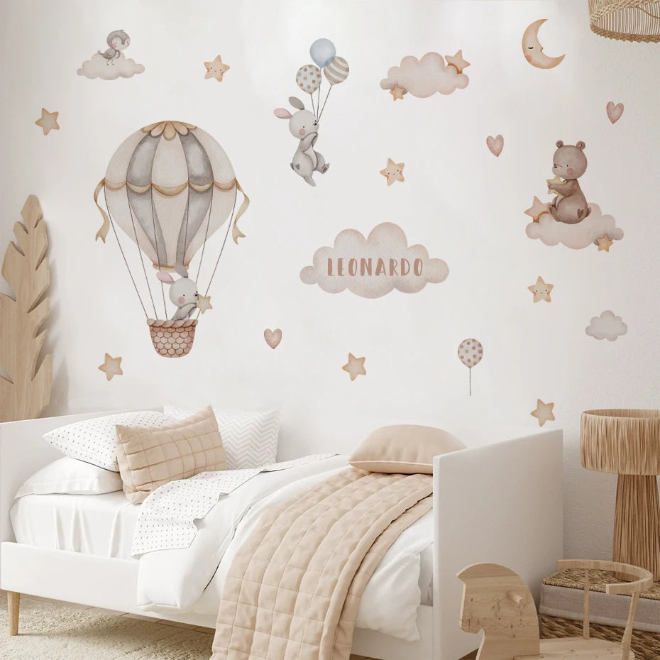 Personalized Hot Air Balloon Bunny Clouds & Love Hearts Wall Decal – Watercolor Animals & Clouds for Nursery & Kids Room Creative DIY Home Decor