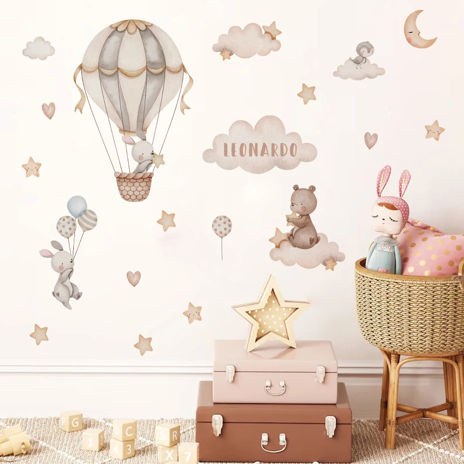 Personalized Hot Air Balloon Bunny Clouds & Love Hearts Wall Decal – Watercolor Animals & Clouds for Nursery & Kids Room Creative DIY Home Decor