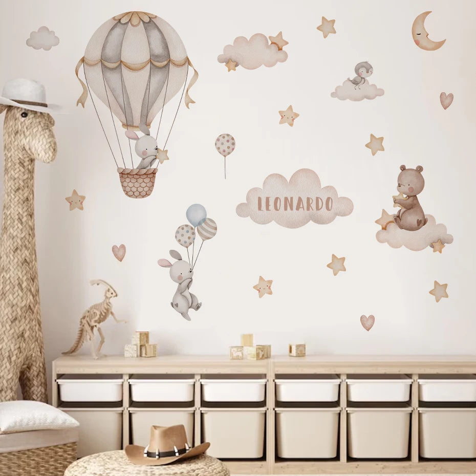 Personalized Hot Air Balloon Bunny Clouds & Love Hearts Wall Decal – Watercolor Animals & Clouds for Nursery & Kids Room Creative DIY Home Decor