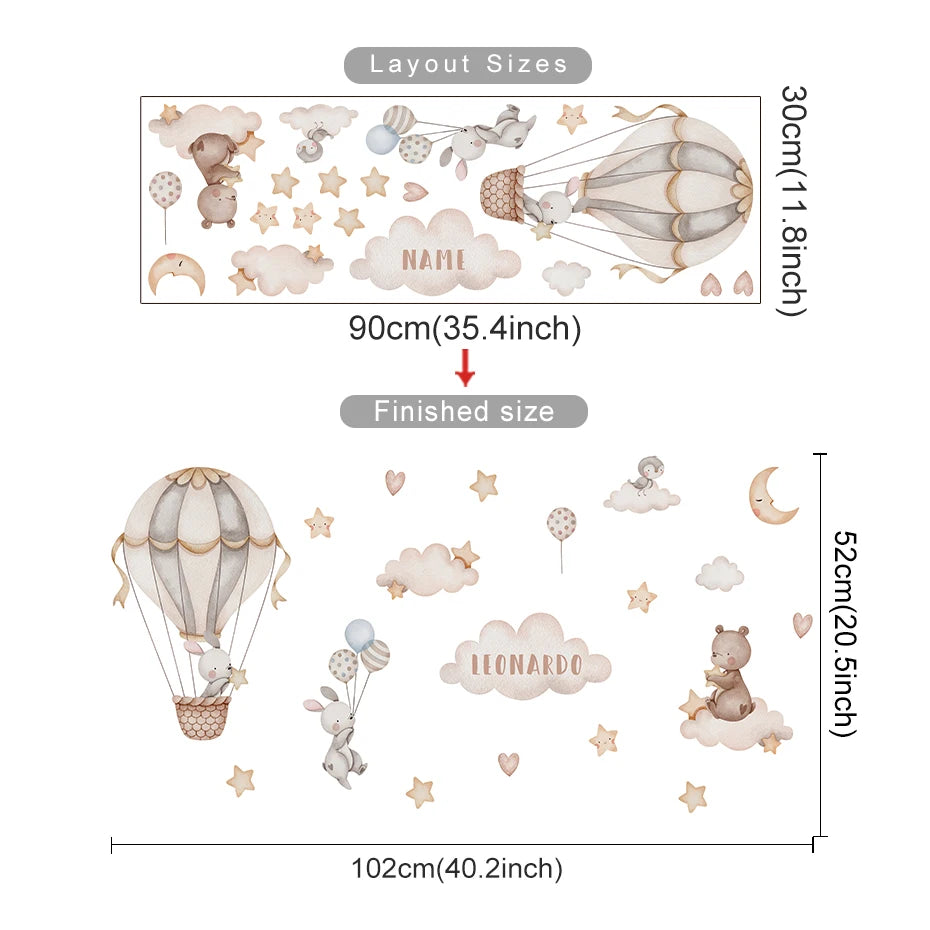 Personalized Hot Air Balloon Bunny Clouds & Love Hearts Wall Decal – Watercolor Animals & Clouds for Nursery & Kids Room Creative DIY Home Decor