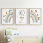 Personalized Rainbow Safari Animal Nursery Wall Art – Lion Giraffe Zebra Balloon Print – Custom Name Baby Room Canvas Print, Kids Room Decor Posters