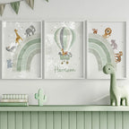 Personalized Rainbow Safari Animal Nursery Wall Art – Lion Giraffe Zebra Balloon Print – Custom Name Baby Room Canvas Print, Kids Room Decor Posters