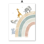 Personalized Rainbow Safari Animal Nursery Wall Art – Lion Giraffe Zebra Balloon Print – Custom Name Baby Room Canvas Print, Kids Room Decor Posters