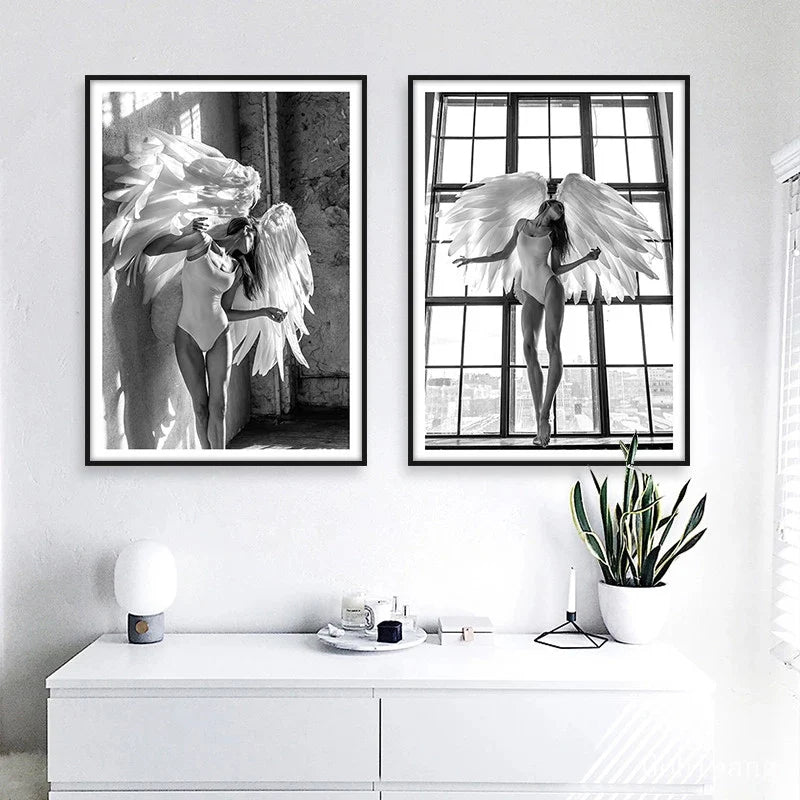 Pink Angel Wings Ballet Dancer Wall Art Fine Art Canvas Prints Black White Fashion Pictures For Living Room Bedroom Salon Art Decor