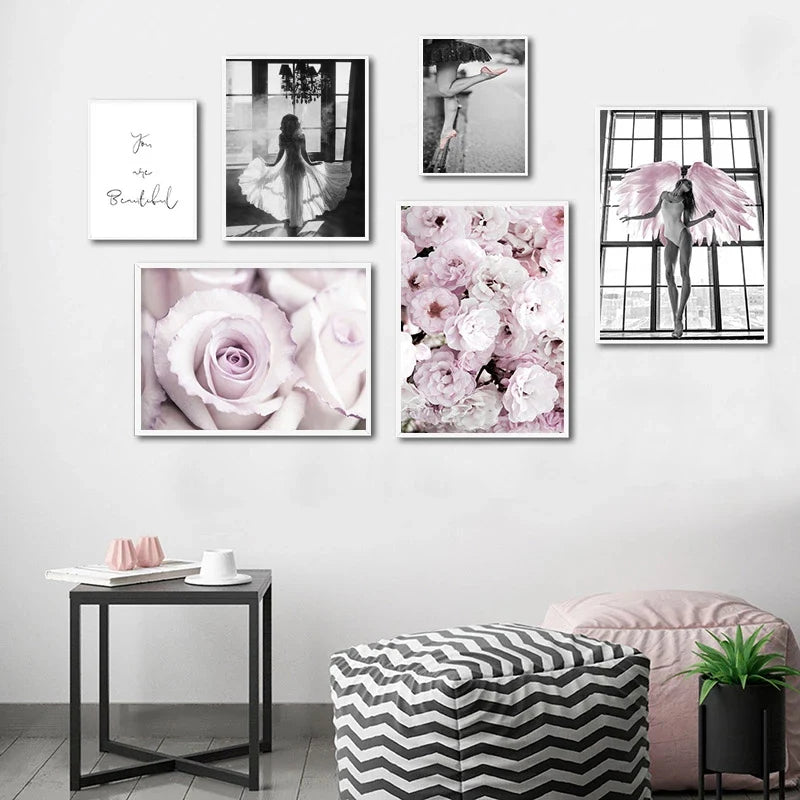 Pink Angel Wings Ballet Dancer Wall Art Fine Art Canvas Prints Black White Fashion Pictures For Living Room Bedroom Salon Art Decor