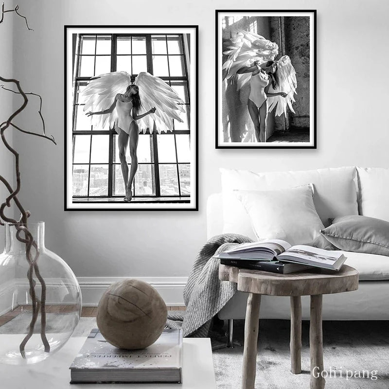 Pink Angel Wings Ballet Dancer Wall Art Fine Art Canvas Prints Black White Fashion Pictures For Living Room Bedroom Salon Art Decor