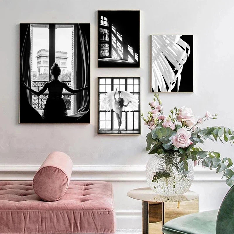 Pink Angel Wings Ballet Dancer Wall Art Fine Art Canvas Prints Black White Fashion Pictures For Living Room Bedroom Salon Art Decor