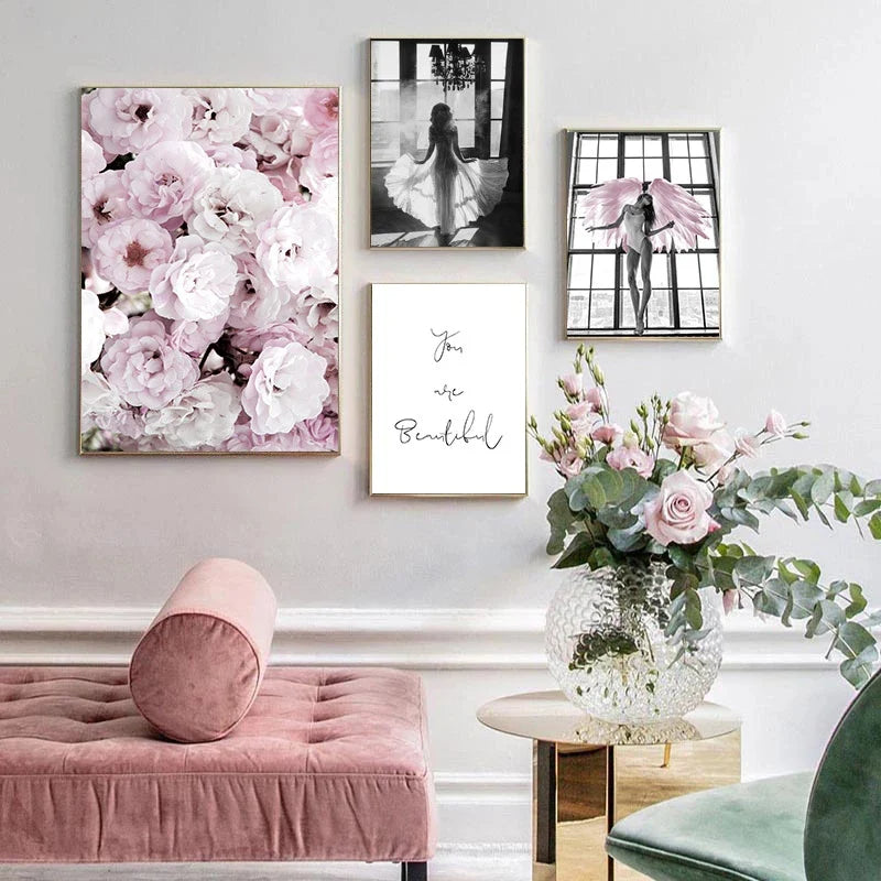Pink Angel Wings Ballet Dancer Wall Art Fine Art Canvas Prints Black White Fashion Pictures For Living Room Bedroom Salon Art Decor