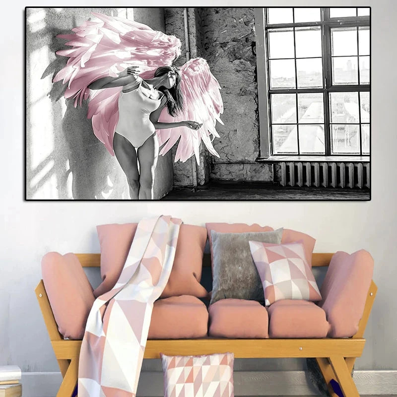 Pink Angel Wings Ballet Dancer Wall Art Fine Art Canvas Prints Black White Fashion Pictures For Living Room Bedroom Salon Art Decor