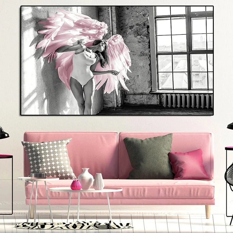 Pink Angel Wings Ballet Dancer Wall Art Fine Art Canvas Prints Black White Fashion Pictures For Living Room Bedroom Salon Art Decor