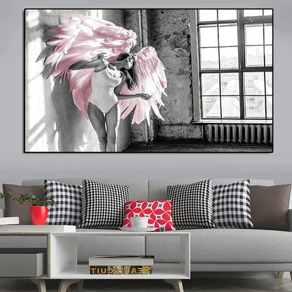 Pink Angel Wings Ballet Dancer Wall Art Fine Art Canvas Prints Black White Fashion Pictures For Living Room Bedroom Salon Art Decor