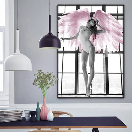 Pink Angel Wings Ballet Dancer Wall Art Fine Art Canvas Prints Black White Fashion Pictures For Living Room Bedroom Salon Art Decor