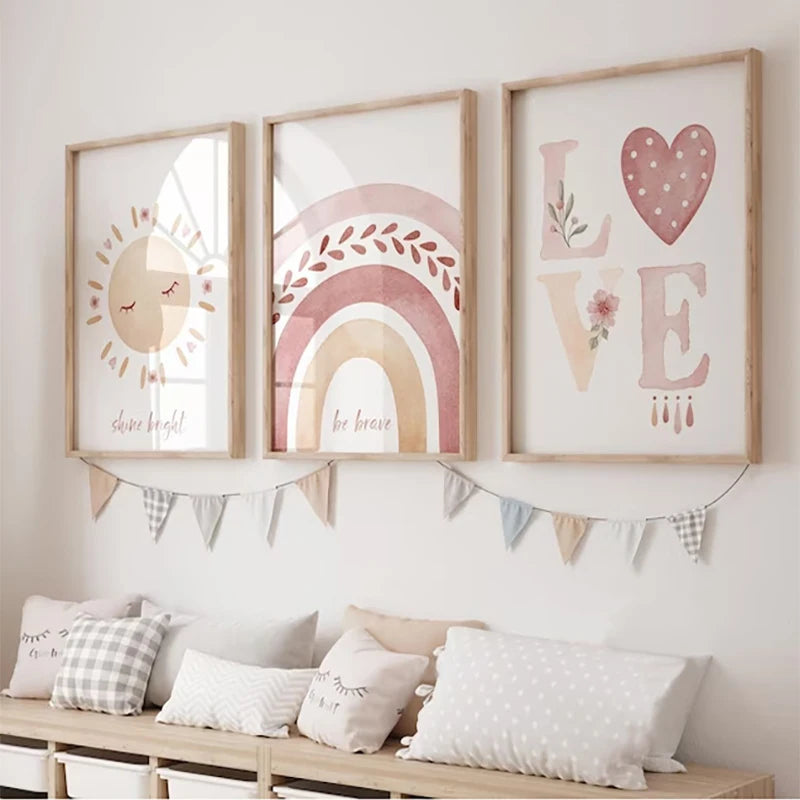 Pink Boho Rainbow Love Hearts Posters Nursery Wall Art Fine Art Canvas Prints Pictures For Baby's Room Kid's Room Children's Playroom Decor